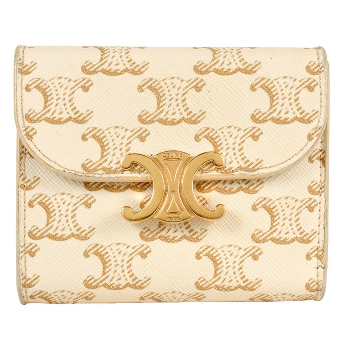 CELINE Triomphe Small Flap Wallet Tri-fold PVC Coated Canvas Leather Ivory Brown Women's: --- Catalog ---Category: SizeSize (HxWxD): 8.7cm x 10.5cm x 3cm / 3.42'' x 4.13'' x 1.18''Category: DesignType: Wallet (tri-fold)Color: Brown, IvoryGender: WomenMaterial: PVC , Leather Category: Gener
