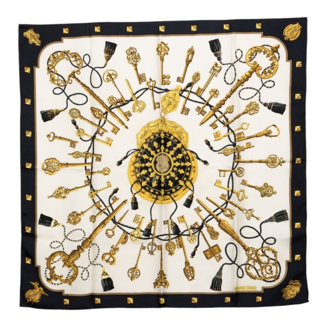Hermes Carre 90 LES CLES Key Scarf Muffler White Black Gold Silk Women's HERMES: --- Catalog ---Category: SizeSize (LxW): 88cm x 87cm / 34.64'' x 34.25''Category: DesignType: ScarfColor: Black, WhiteGender: WomenMaterial: Silk Category: GeneralBrand: Hermes--- Item List ---Section
