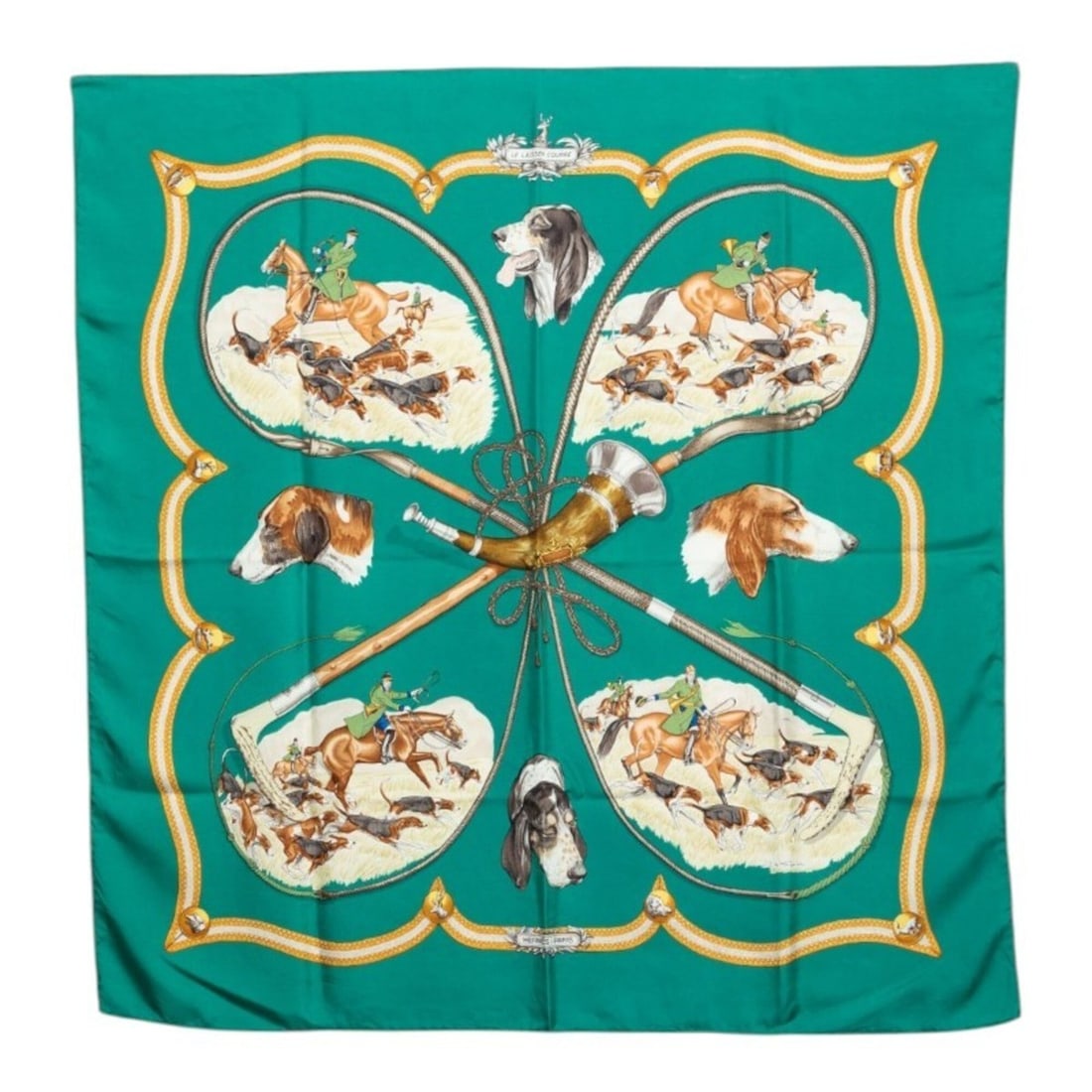 Hermes Carre 90 LE LAISSER COURRE (Hunting Dog) Scarf/Muffler, Green Multicolor Silk, Women's.: --- Catalog ---Category: SizeSize (LxW): 89cm x 87cm / 35.03'' x 34.25''Category: DesignType: ScarfColor: Green, Multi-colorGender: WomenMaterial: Silk Category: GeneralBrand: Hermes--- Item List ---S