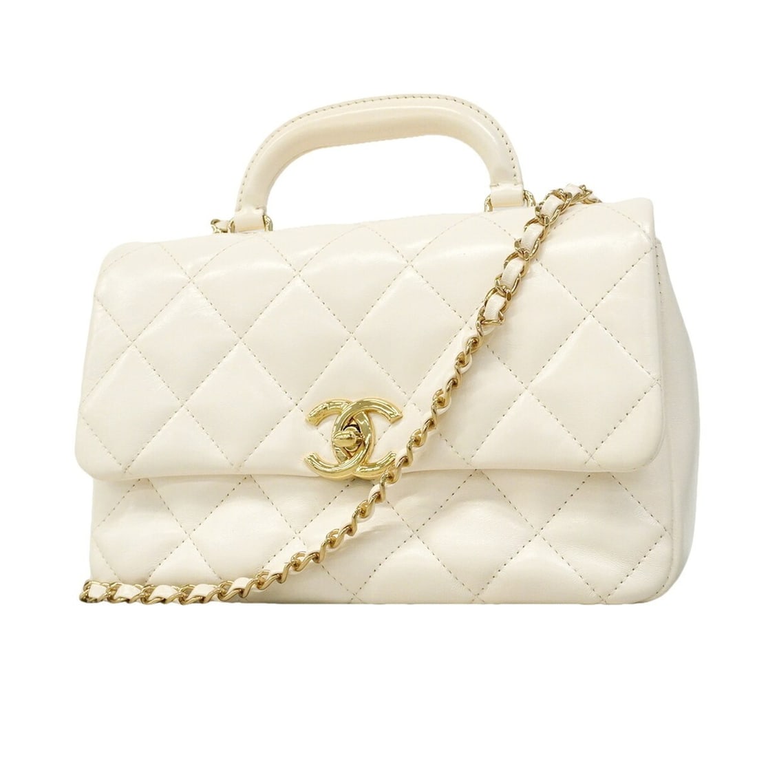 Chanel Matelassé Chain Shoulder Handbag, Lambskin, White/Champagne, 2-way Bag for Women: --- Catalog ---Category: SizeSize (HxWxD): 17cm x 23.5cm x 7.5cm / 6.69'' x 9.25'' x 2.95''Category: DesignType: HandbagColor: WhiteGender: WomenMaterial: Leather Hardware Color: Champagne goldLeather