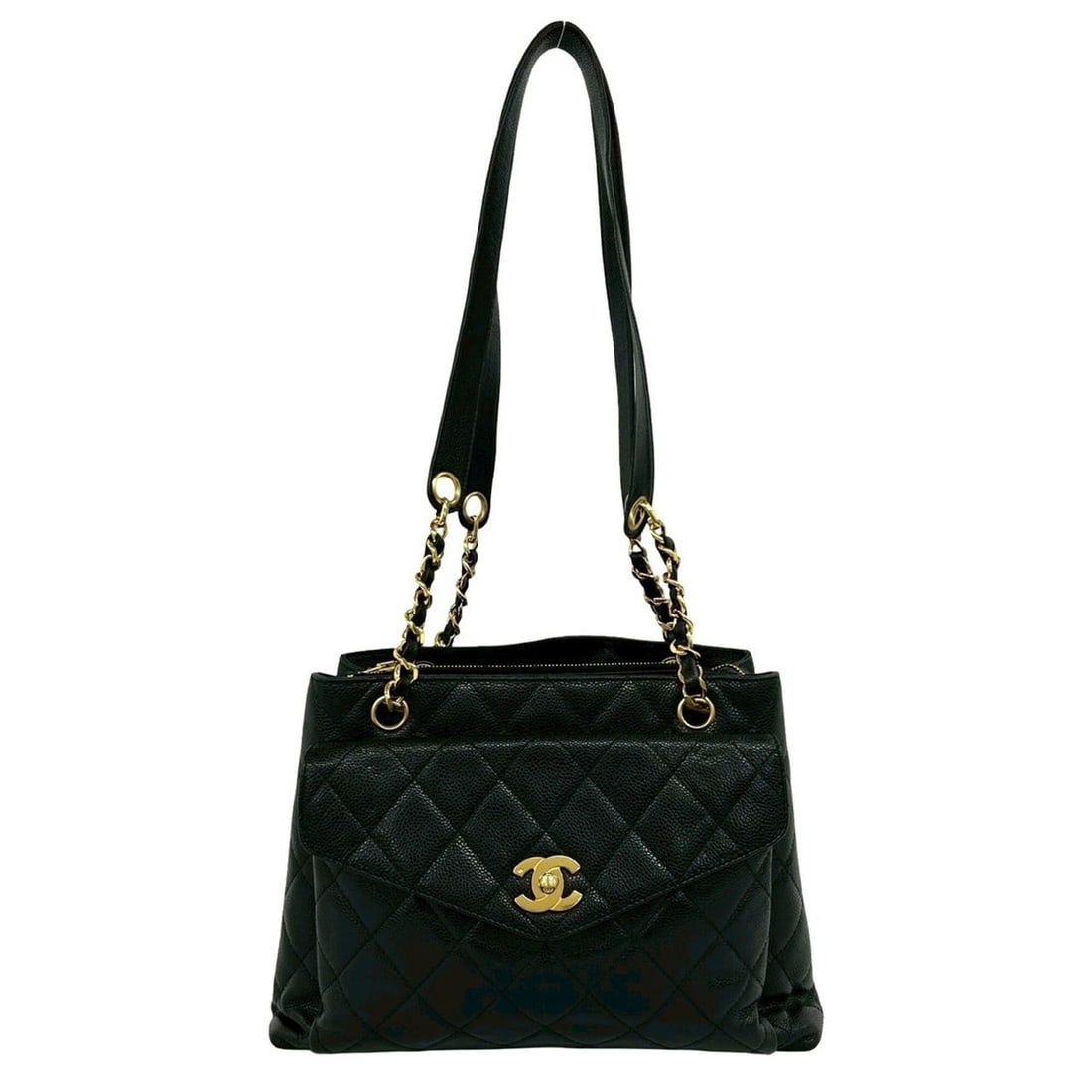 CHANEL Vintage Matelassé Coco Mark Caviar Skin Semi Shoulder Bag Tote Black 32130: --- Catalog ---Category: SizeSize (HxWxD): 21cm x 30.5cm x 8cm / 8.26'' x 12'' x 3.14''Category: DesignType: Shoulder bag, Tote bagColor: BlackGender: WomenMaterial: Grained Calfskin Category: General