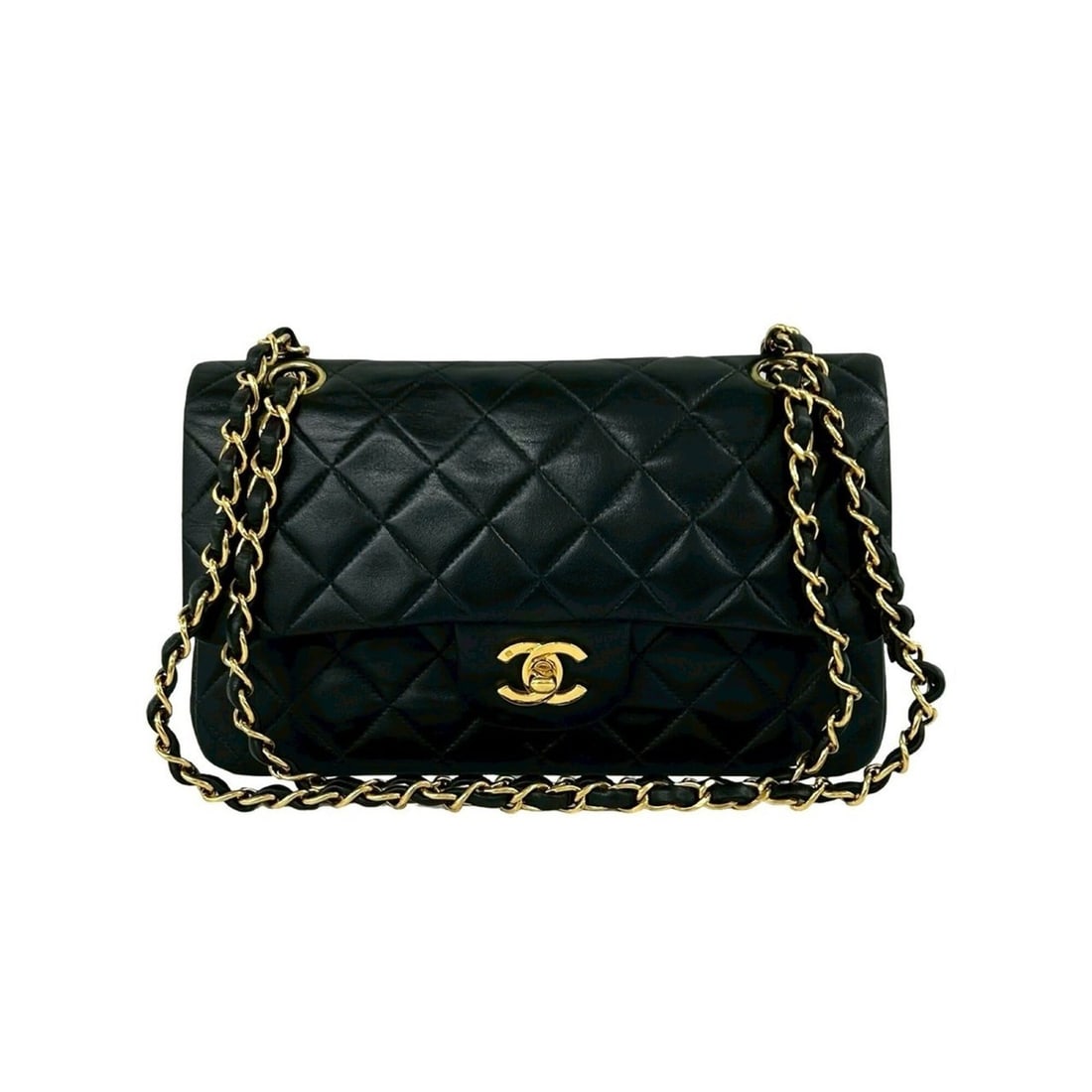 CHANEL Vintage Matelassé Double Flap Lambskin Leather Shoulder Bag, Black, 30575: --- Catalog ---Category: SizeSize (HxWxD): 14cm x 23cm x 6.5cm / 5.51'' x 9.05'' x 2.55''Category: DesignType: Shoulder bagColor: BlackGender: WomenMaterial: Leather Leather/Fur Type: LambskinCategory