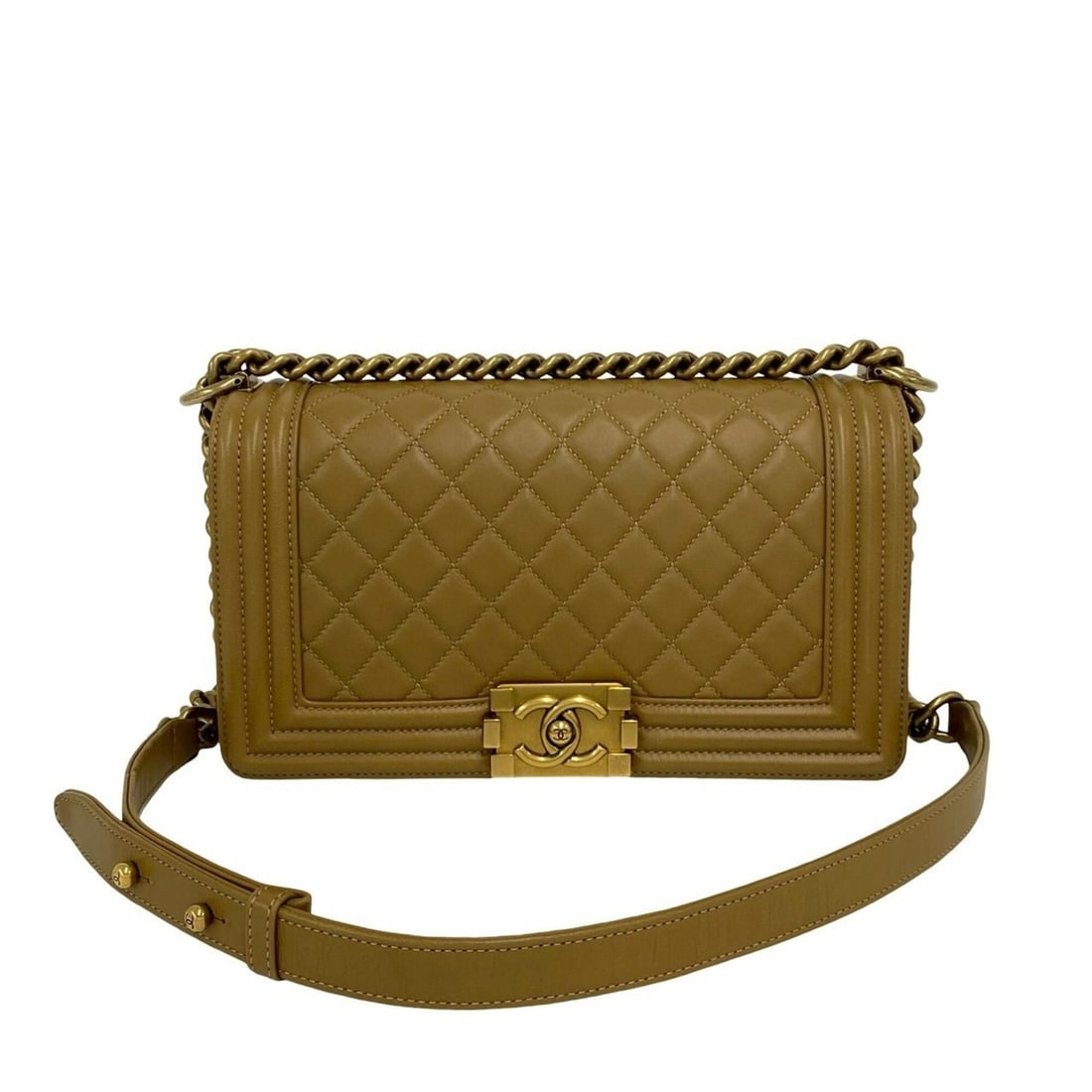 CHANEL Boy Chanel Lambskin Leather Chain Semi Shoulder Bag, Brown 30251: --- Catalog ---Category: SizeSize (HxWxD): 13cm x 25cm x 7cm / 5.11'' x 9.84'' x 2.75''Category: DesignType: Shoulder bagColor: BrownGender: WomenMaterial: Leather Leather/Fur Type: LambskinCategory: 