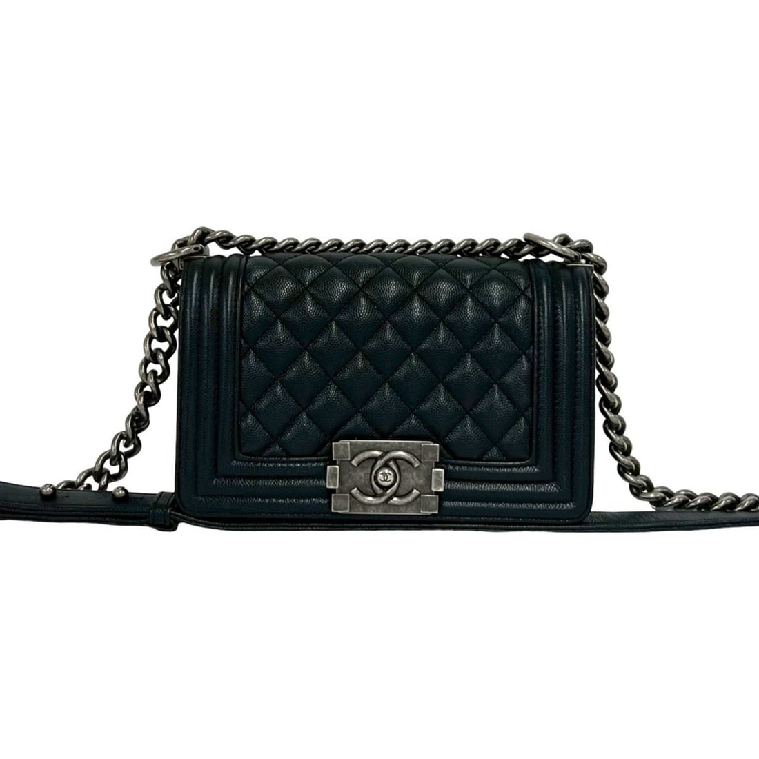 CHANEL Boy Chanel Coco Mark Caviar Skin Shoulder Bag Black 98687: --- Catalog ---Category: SizeSize (HxWxD): 13cm x 20cm x 7.5cm / 5.11'' x 7.87'' x 2.95''Category: DesignType: Shoulder bagColor: BlackGender: WomenMaterial: Grained Calfskin Category: GeneralBrand: C