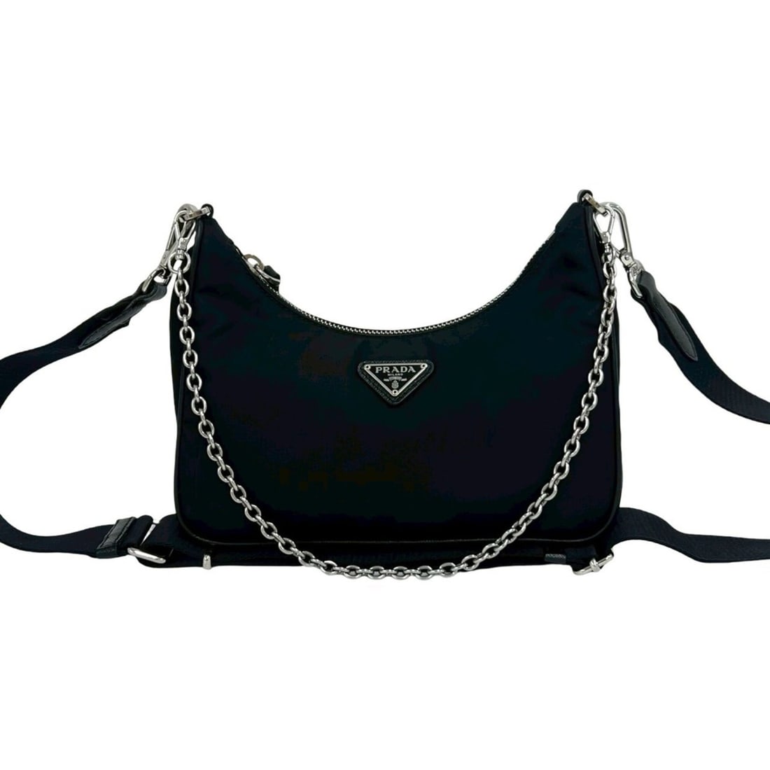 PRADA Triangle Logo Plate Hardware Nylon Leather 2-way Shoulder Bag Sacoche Pouch Black 75022: --- Catalog ---Category: SizeSize (HxWxD): 12.5cm x 22cm x 6.5cm / 4.92'' x 8.66'' x 2.55''Category: DesignType: Pochette, Pouch, Shoulder bagColor: BlackGender: WomenMaterial: Nylon , Leather Categor