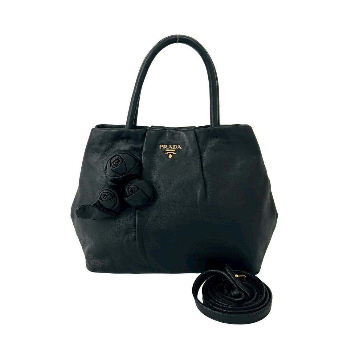 PRADA Prada logo hardware rose motif leather genuine 2-way handbag mini tote bag shoulder black: --- Catalog ---Category: SizeSize (HxWxD): 18cm x 22cm x 10.5cm / 7.08'' x 8.66'' x 4.13''Category: DesignType: Handbag, Shoulder bag, Tote bagColor: BlackGender: WomenMaterial: Leather Category: Gene