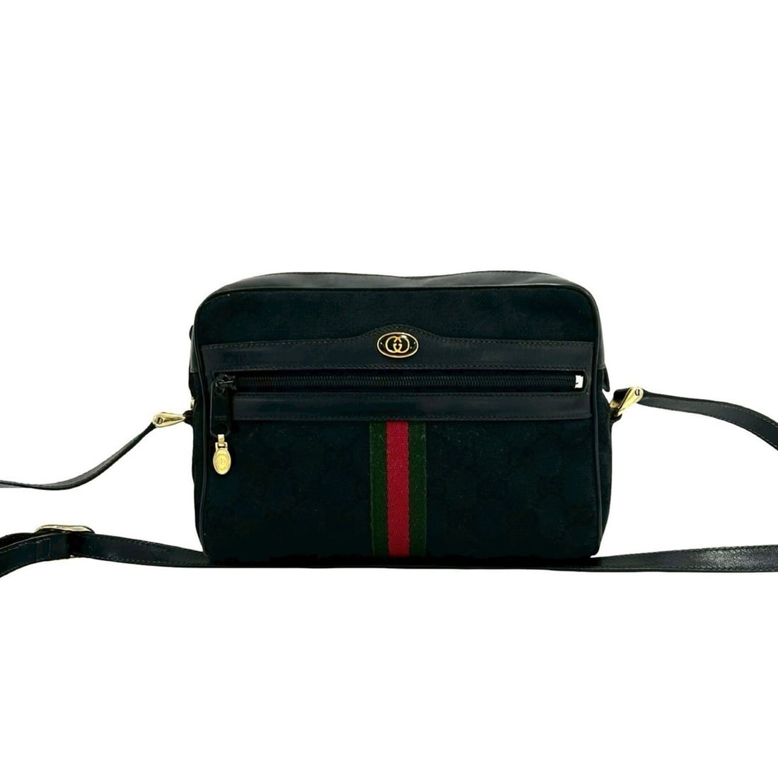 GUCCI Old Gucci Sherry Line GG Logo Pattern Canvas Leather Mini Shoulder Bag Black 45325: --- Catalog ---Category: SizeSize (HxWxD): 18cm x 22cm x 6cm / 7.08'' x 8.66'' x 2.36''Category: DesignType: Shoulder bagColor: Black, Green, Red colorGender: WomenMaterial: Canvas , Leather Category: