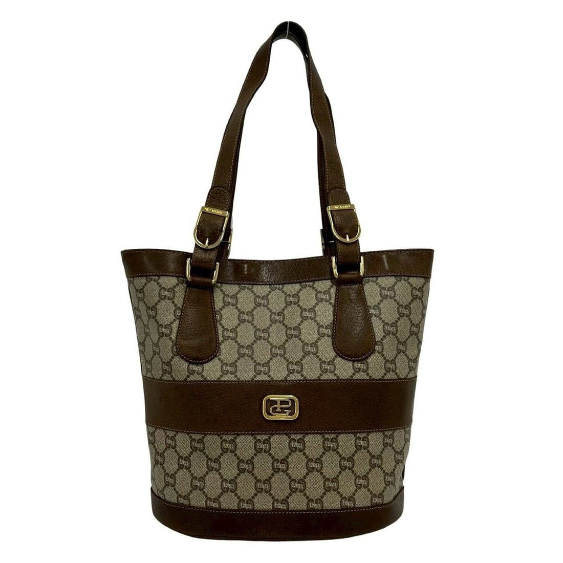 GUCCI Vintage Gucci Plus Tote Bag/Handbag, Brown, with Old Gucci/Gucci Pattern Logo Hardware. (Item: --- Catalog ---Category: SizeSize (HxWxD): 25cm x 23.5cm x 15cm / 9.84'' x 9.25'' x 5.9''Category: DesignType: Handbag, Pouch, Tote bagColor: BrownGender: WomenMaterial: Leather , PVC Category: Genera