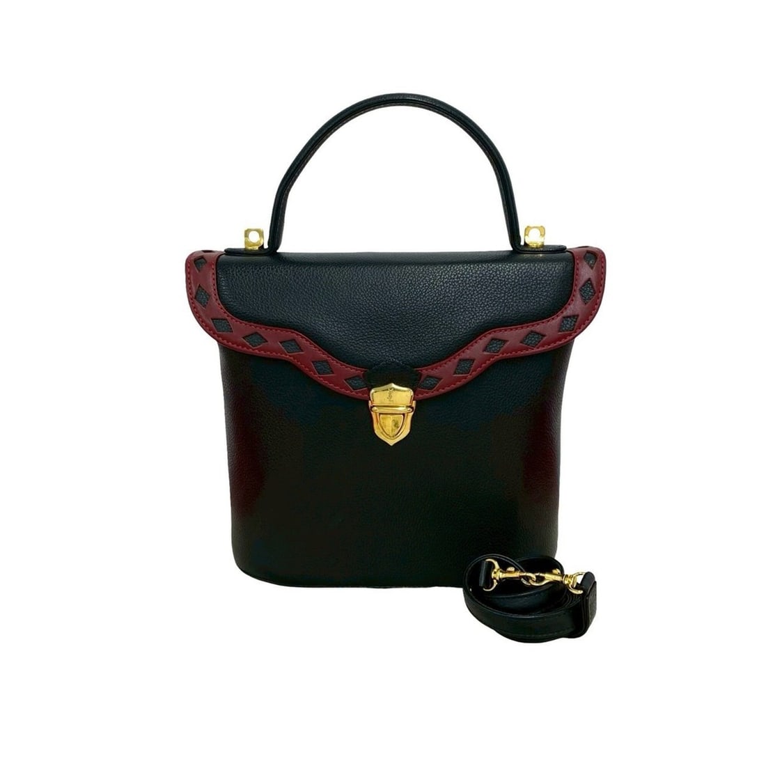 YVES SAINT LAURENT Cutout Leather 2-Way Shoulder Bag/Handbag, Black, 72488: --- Catalog ---Category: SizeSize (HxWxD): 22cm x 22cm x 8cm / 8.66'' x 8.66'' x 3.14''Category: DesignType: Handbag, Shoulder bagColor: Black, Red colorGender: WomenMaterial: Leather Category: Genera