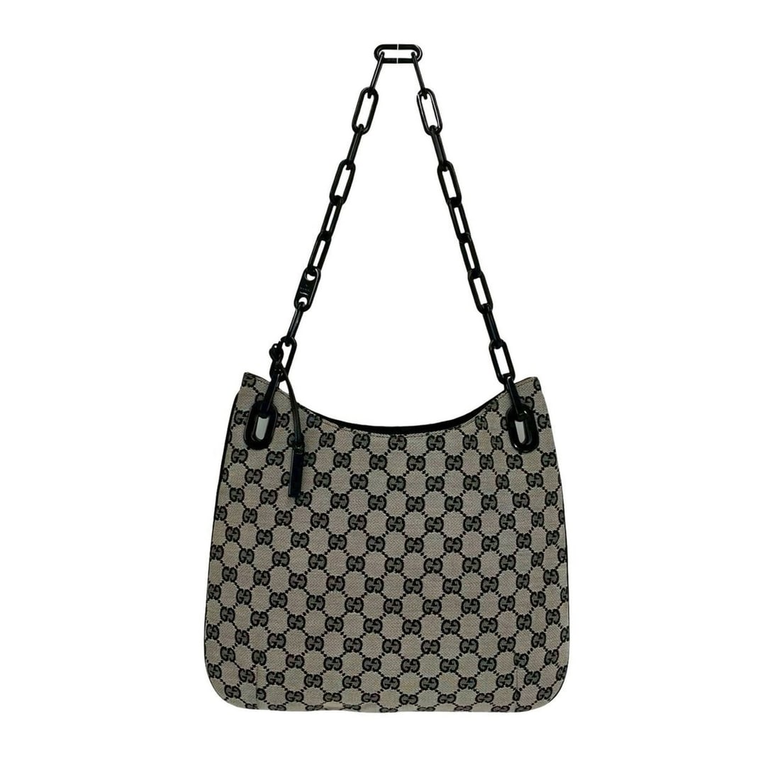 GUCCI GG Logo Pattern Canvas Leather Plastic Chain Semi One Shoulder Bag Handbag Gray 67393: --- Catalog ---Category: SizeSize (HxWxD): 25cm x 31.5cm / 9.84'' x 12.4''Category: DesignType: Handbag, Shoulder bagColor: Black, GrayGender: WomenMaterial: Canvas , Leather Category: GeneralBrand: G