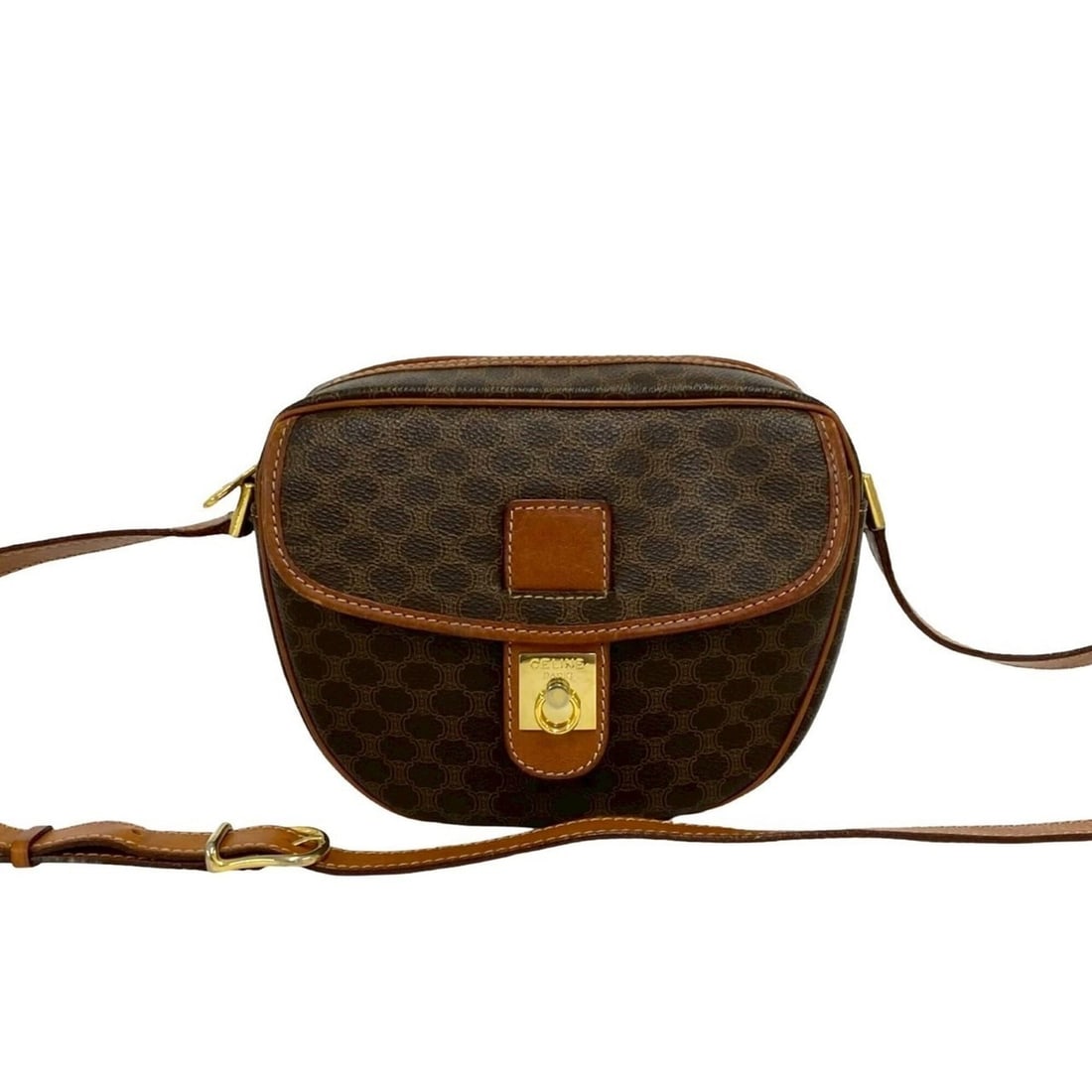 CELINE Vintage Macadam Blazon Triomphe Logo Leather Mini Shoulder Bag Pouch Brown 94766: --- Catalog ---Category: SizeSize (HxWxD): 17cm x 19cm x 8cm / 6.69'' x 7.48'' x 3.14''Category: DesignType: Pochette, Shoulder bagColor: BrownGender: WomenMaterial: Leather , PVC Category: GeneralBra