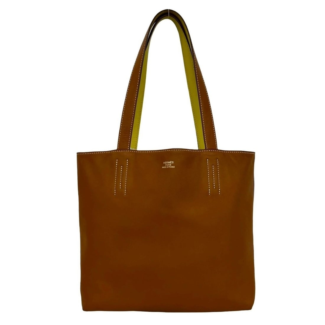 HERMES Double Sens 28 Veau Swift Leather Tote Bag, Reversible, Gold/Lime, 11834: --- Catalog ---Category: SizeSize (HxWxD): 26cm x 28cm x 9.5cm / 10.23'' x 11.02'' x 3.74''Category: DesignType: Tote bagColor: Brown, YellowGender: WomenMaterial: Swift leather Category: GeneralBrand