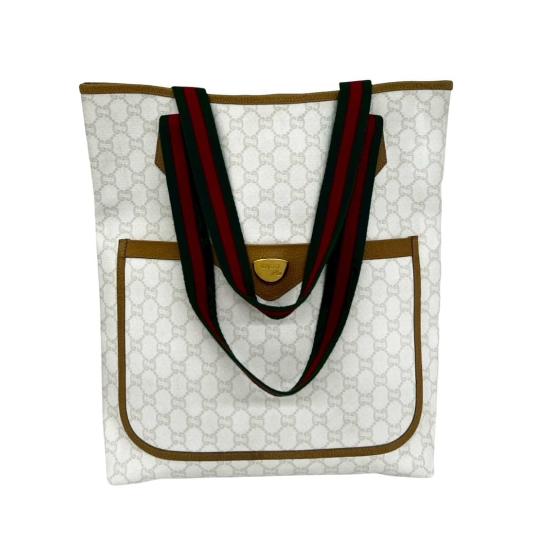 GUCCI Vintage Sherry Line Gucci Plus Logo Hardware Leather Tote Bag White Brown 38634: --- Catalog ---Category: SizeSize (HxWxD): 39cm x 36cm x 9cm / 15.35'' x 14.17'' x 3.54''Category: DesignType: Tote bagColor: Brown, Green, Red color, WhiteGender: WomenMaterial: Leather , PVC Categor