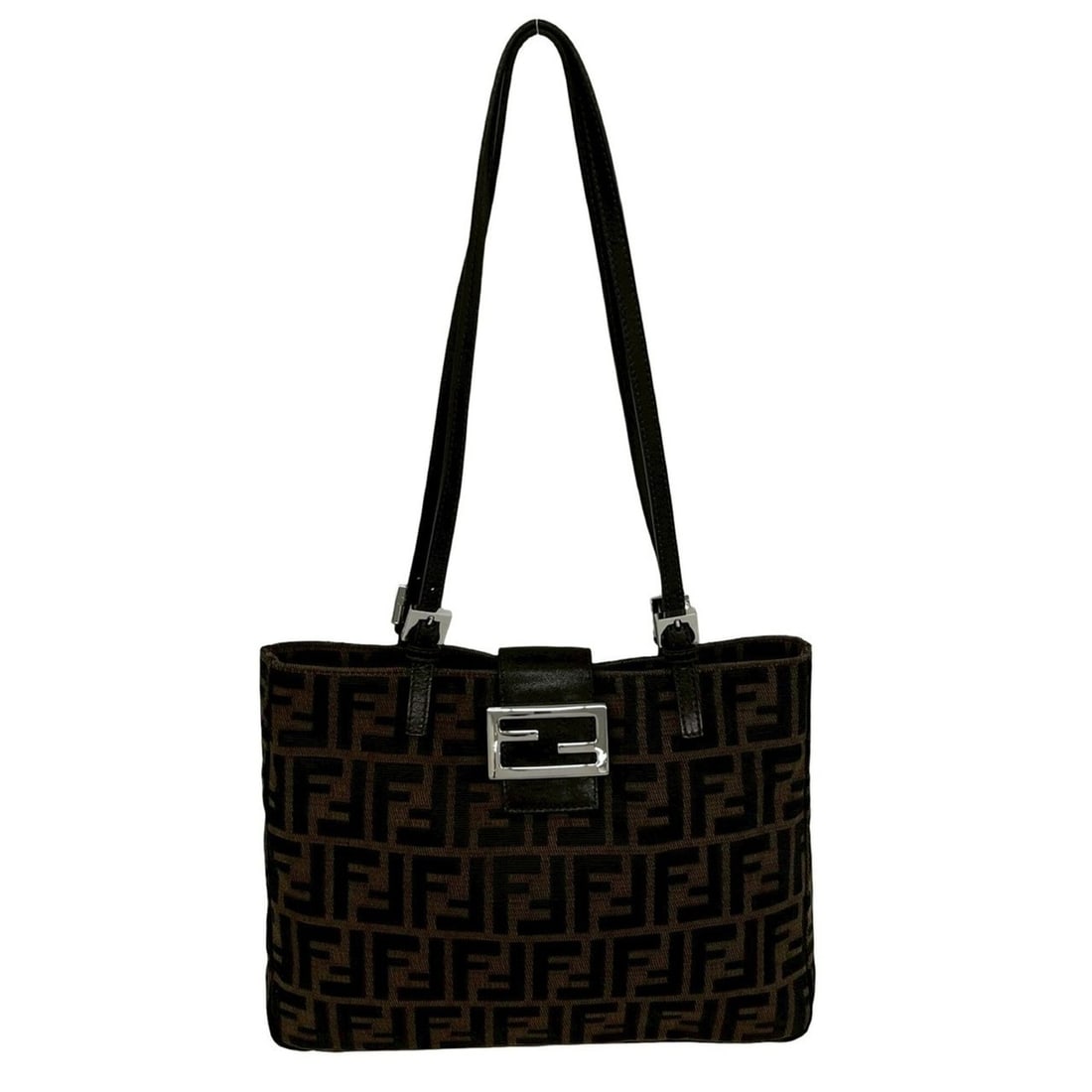 FENDI Zucca FF pattern logo metal hardware canvas leather genuine tote bag semi shoulder brown 61539: --- Catalog ---Category: SizeSize (HxWxD): 23cm x 28.5cm x 3.5cm / 9.05'' x 11.22'' x 1.37''Category: DesignType: Shoulder bag, Tote bagColor: Black, BrownGender: WomenMaterial: Canvas , Leather Categ
