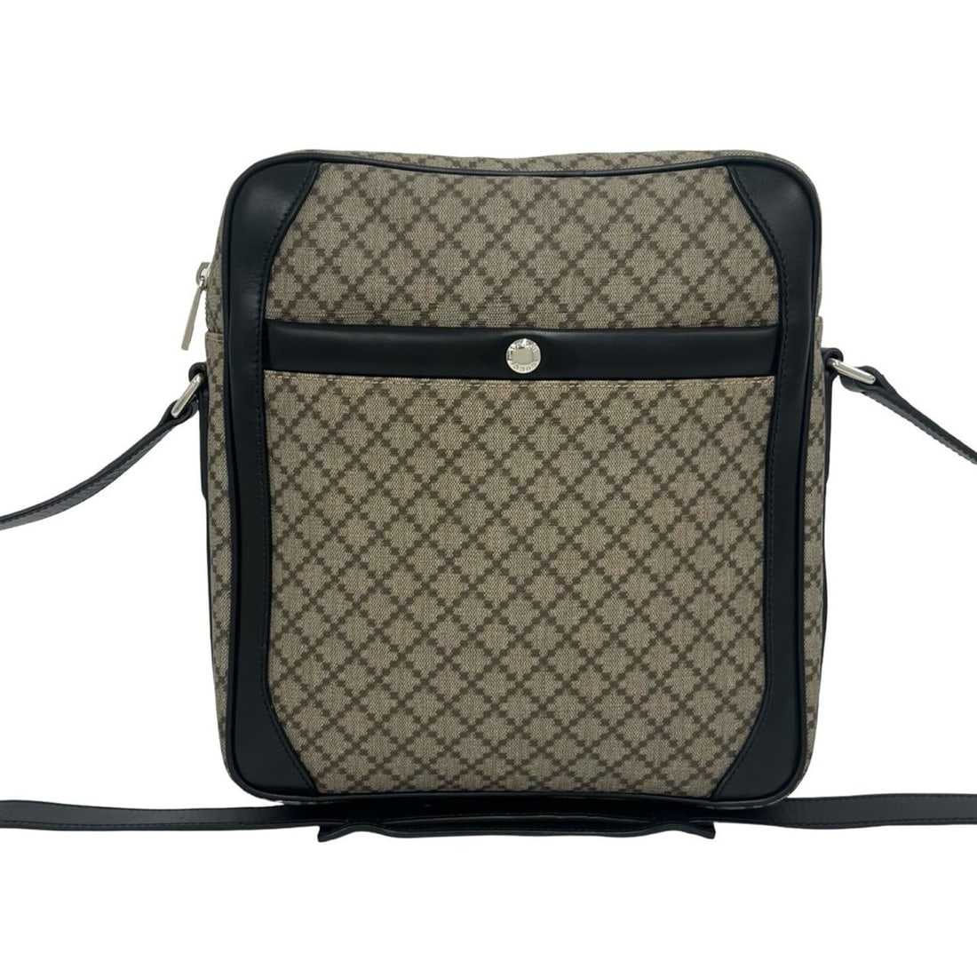 GUCCI Diamante Leather Shoulder Bag, Sacoche, Pouch, Crossbody Beige/Black, 59897: --- Catalog ---Category: SizeSize (HxWxD): 28cm x 26cm x 6.5cm / 11.02'' x 10.23'' x 2.55''Category: DesignType: Pochette, Shoulder bagColor: Beige, BlackGender: WomenMaterial: PVC , Leather Category: