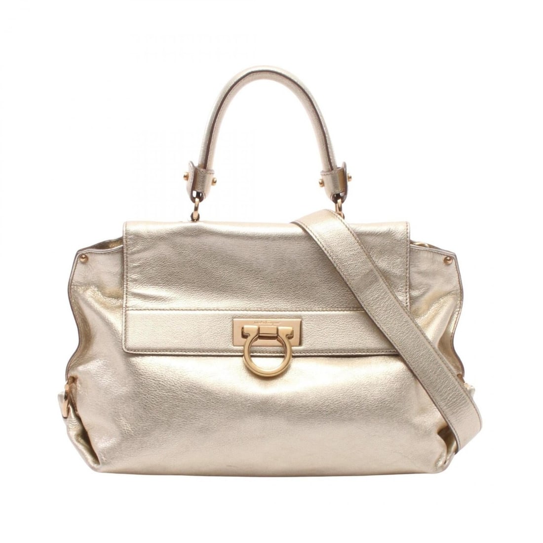 Salvatore Ferragamo Gancini 2-Way Handbag, Leather, Women's, Gold Tone: --- Catalog ---Category: SizeSize (HxWxD): 23cm x 30cm x 14cm / 9.05'' x 11.81'' x 5.51''Category: DesignType: HandbagColor: GoldGender: WomenMaterial: Leather Category: GeneralBrand: Salvatore Ferrag
