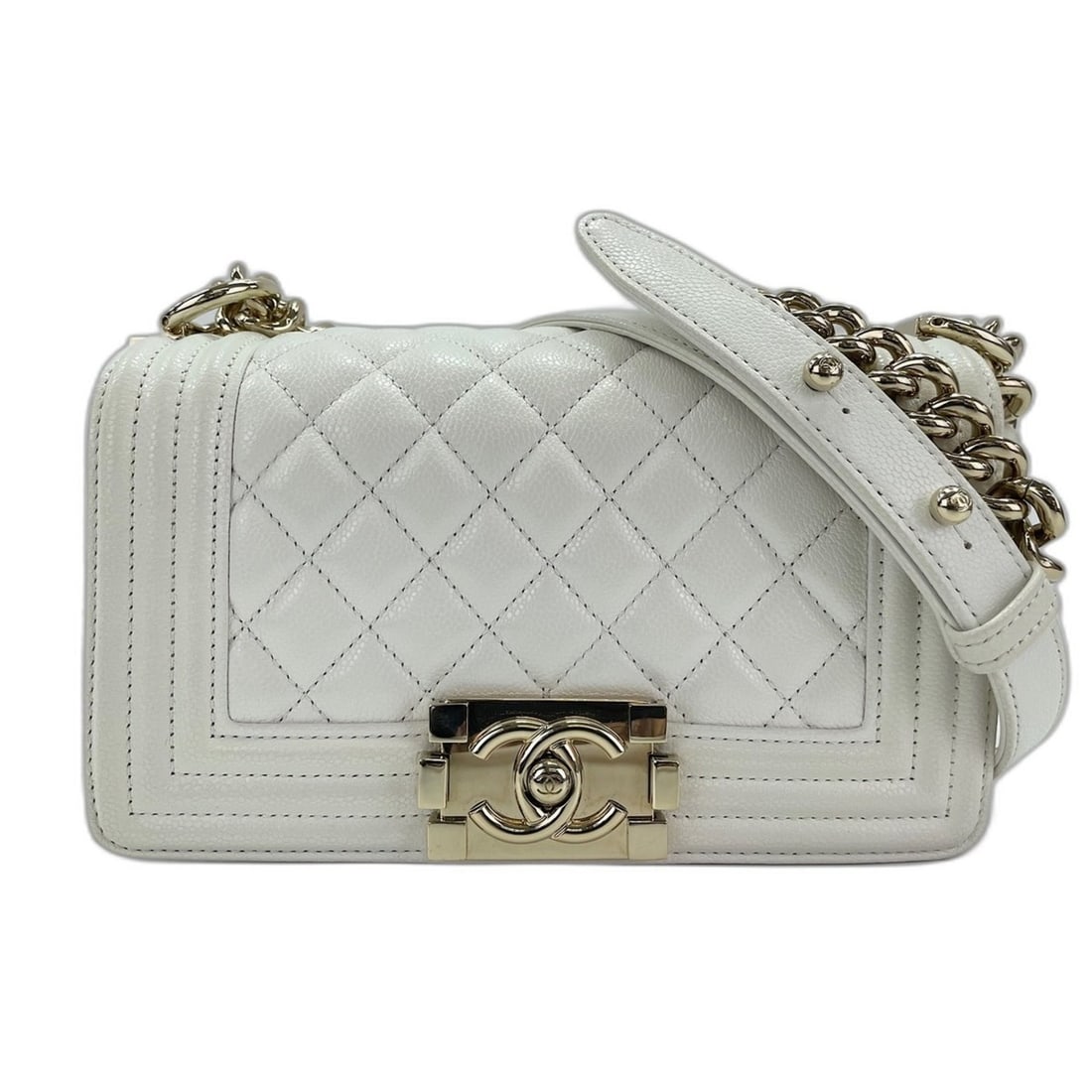 Chanel CHANEL Caviar Skin Boy Small Shoulder Bag White: --- Catalog ---Category: SizeSize (HxWxD): 12cm x 20cm x 7cm / 4.72'' x 7.87'' x 2.75''Strap Length: 108cm / 42.51''Category: DesignType: Shoulder bagColor: WhiteGender: WomenMaterial: Grained Calfski