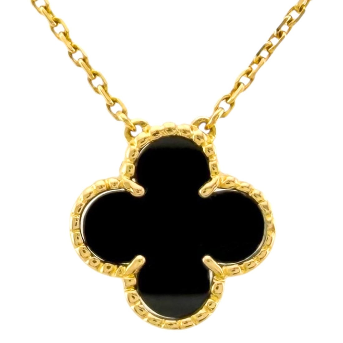 Van Cleef & Arpels Vintage Enhambra Necklace, 18K Yellow Gold, Onyx, Women's.: --- Catalog ---Category: SizeWidth: 1mm / 0.04''Weight: 4.9g / 0.17oz.Pendant Size: 14.5mm x 14.5mm / 0.57'' x 0.57''Neck Circumference: 41.5 cm / 16.33''Category: DesignColor: GoldStone: OnyxGender: 