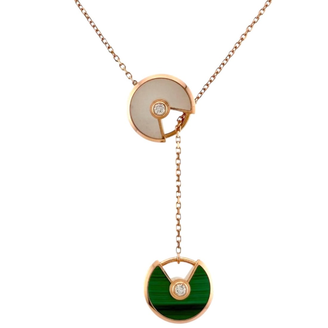 Cartier Amulet Necklace, 18K Pink Gold, Mother-of-Pearl, Malachite, Women's, CARTIER: --- Catalog ---Category: SizeWidth: 1mm / 0.04''Weight: 4.7g / 0.16oz.Pendant Size: 12mm x 11.5mm / 0.47'' x 0.45''Neck Circumference: 60.5 cm / 23.81''Category: DesignColor: Pink goldStone: Diamond, 