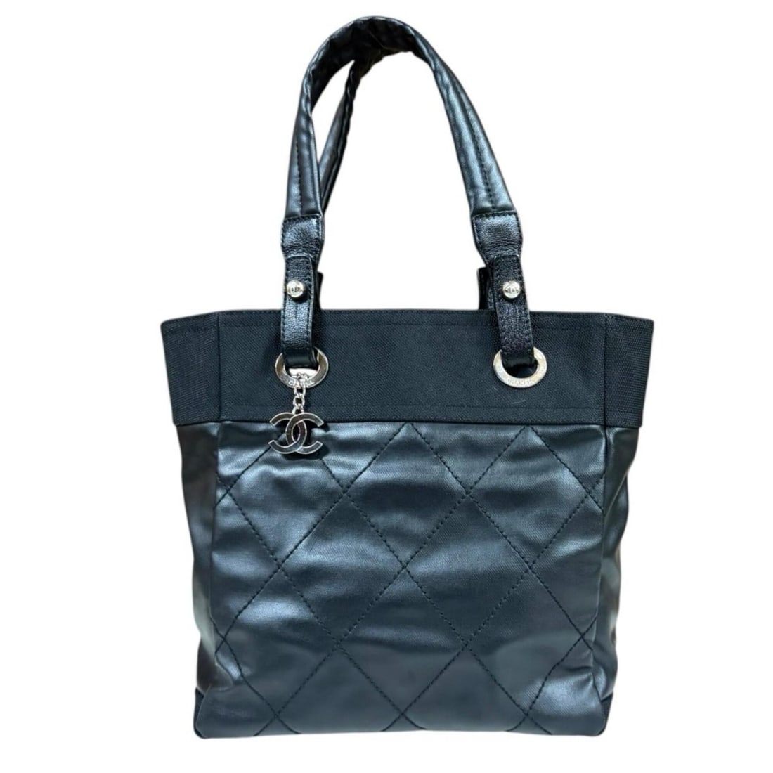 Chanel Paris Biarritz PM Tote Bag, Coated Canvas A34208, Black, Women's CHANEL: --- Catalog ---Category: SizeWeight: 700g / 1.54lb.Size (HxWxD): 26.5cm x 25cm x 11cm / 10.43'' x 9.84'' x 4.33''Handle Length: 51cm / 20.07''Category: DesignType: Tote bagColor: BlackStyle: Casual, U