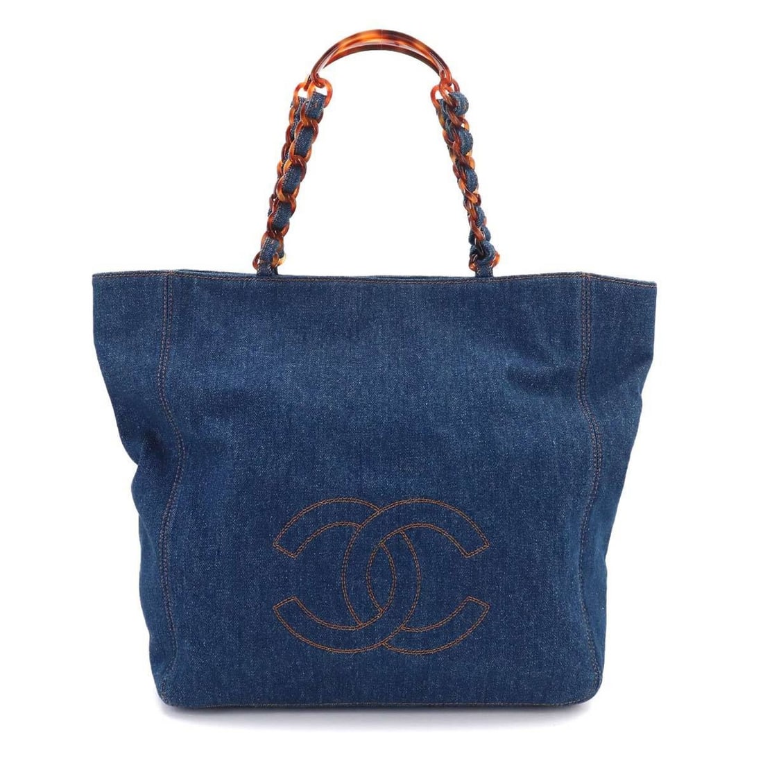 Chanel tortoiseshell-patterned plastic chain tote handbag in denim blue with Coco Mark.: --- Catalog ---Category: SizeSize (HxWxD): 37cm x 34cm x 15.5cm / 14.56'' x 13.38'' x 6.1''Category: DesignType: Handbag, Tote bagColor: BlueGender: Women,MenMaterial: Denim Category: GeneralBrand: Ch
