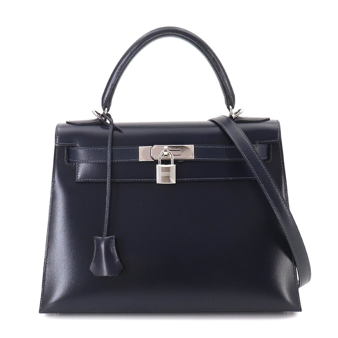 Hermes Kelly 28 2-way Hand/Shoulder Handbag, Box Calf Leather, Blue Indigo, External Stitching, ?G: --- Catalog ---Category: SizeSize (HxWxD): 21cm x 29cm x 11cm / 8.26'' x 11.41'' x 4.33''Category: DesignType: HandbagColor: Blue indigoGender: WomenMaterial: Box calf leather Outer Pocket: Zipper poc