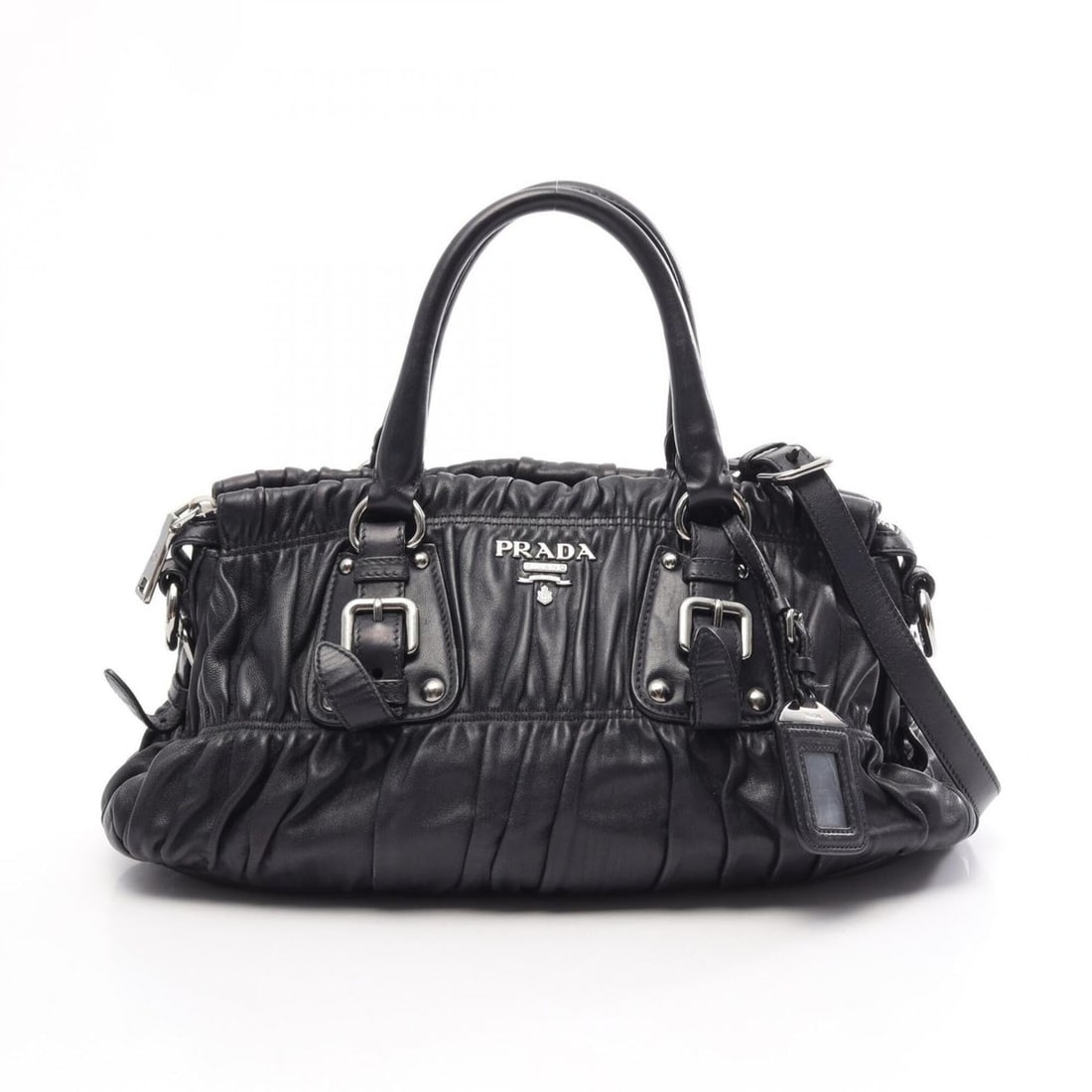 Prada Gathered 2-Way Handbag, Leather, Women's, Navy: --- Catalog ---Category: SizeSize (HxWxD): 19cm x 36cm x 12cm / 7.48'' x 14.17'' x 4.72''Category: DesignType: HandbagColor: NavyGender: WomenMaterial: Leather Category: GeneralBrand: Prada--- Item Li