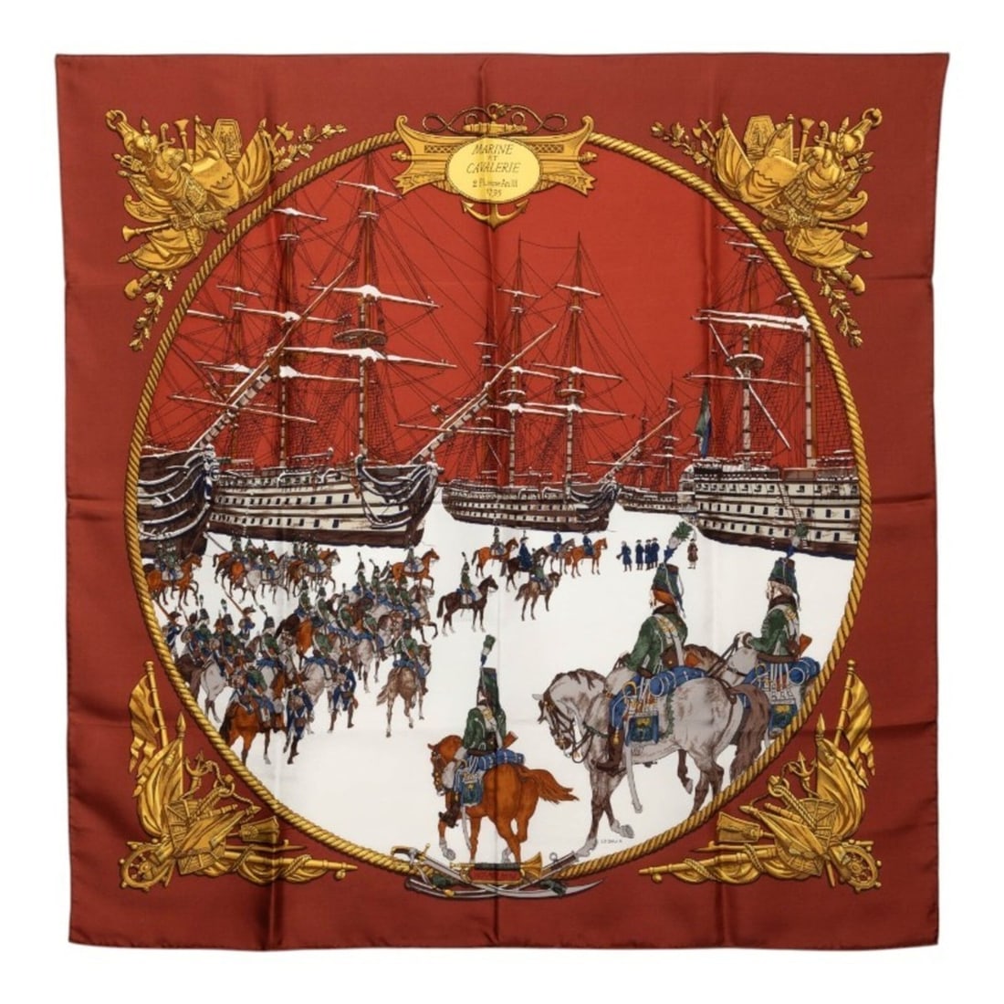 Hermes Carre 90 MARINE ET CAVALERIE (Sea and Cavalry) Scarf/Muffler, Brown Multicolor Silk, Women's: --- Catalog ---Category: SizeSize (LxW): 88.5cm x 87cm / 34.84'' x 34.25''Category: DesignType: ScarfColor: Brown, Multi-colorGender: WomenMaterial: Silk Category: GeneralBrand: Hermes--- Item List