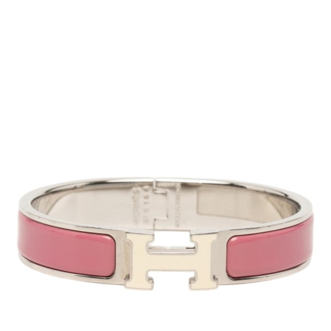 Hermes Click H PM Bracelet, Silver and Pink Metal Enamel, Women's.: --- Catalog ---Category: SizeWidth: 1.1cm / 0.43''Length: 15.5cm / 6.1''Total Length: 18cm / 7.08''Category: DesignType: Charm braceletColor: Silver pinkGender: WomenMaterial: Enamel, MetalCategory: