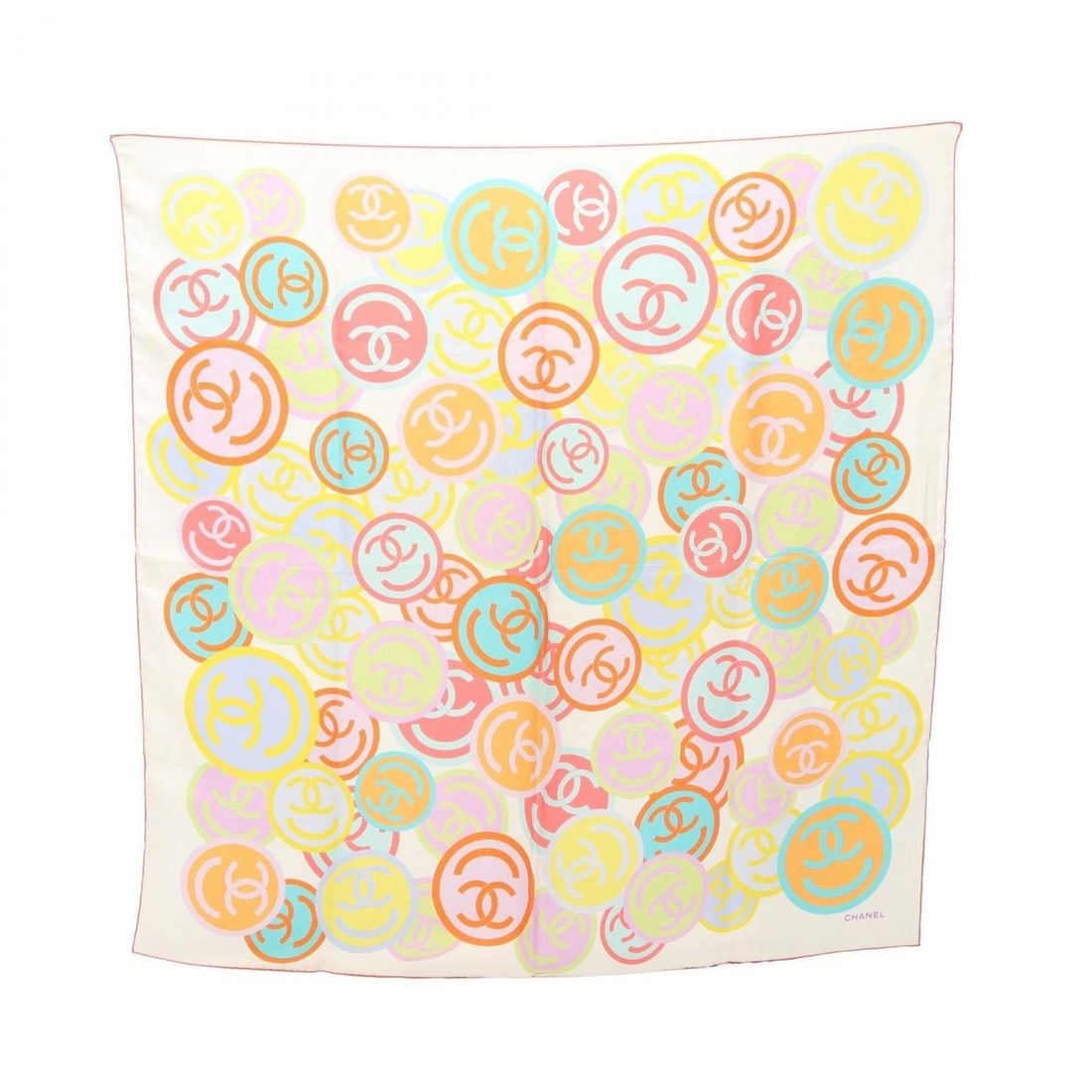 Chanel Coco Mark all-over print scarf/muffler, silk, women's, pink/beige/multicolor.: --- Catalog ---Category: SizeSize (LxW): 90cm x 90cm / 35.43'' x 35.43''Category: DesignType: ScarfColor: Beige, Multi-color, PinkGender: WomenMaterial: Silk Category: GeneralBrand: Chanel--- Item Lis