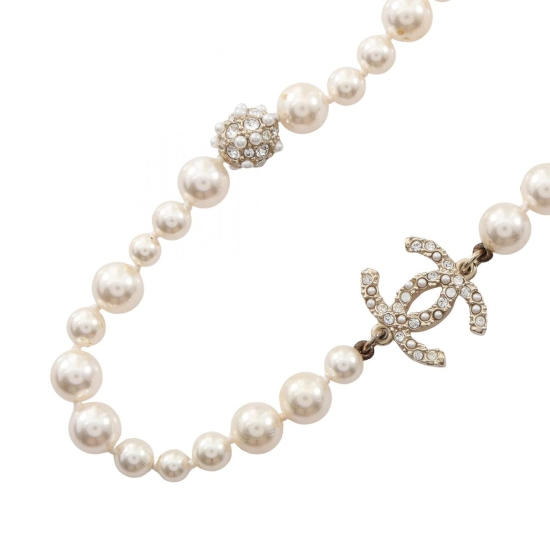 Chanel Coco Mark Necklace, Gold Plated (GP), Faux Pearl, Rhinestone, Women's, Gold, White, Clear.: --- Catalog ---Category: SizePendant Size: 15mm x 20mm / 0.59'' x 0.78''Neck Circumference: 36 cm - 45 cm / 14.17'' - 17.71''Category: DesignColor: Clear, Gold, WhiteGender: WomenMaterial: Gold platin