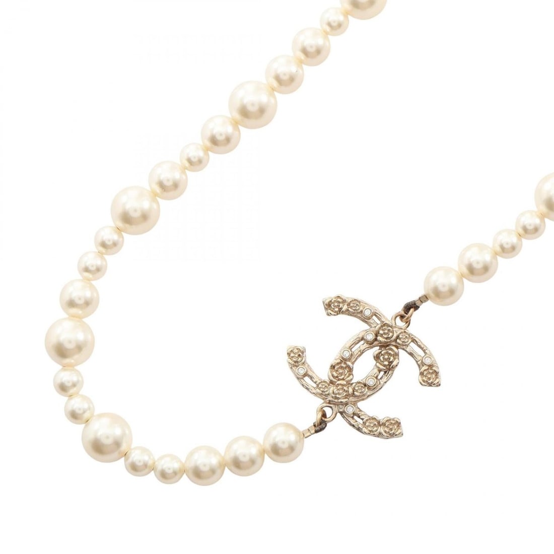 Chanel Coco Mark Necklace, Gold Plated (GP), Faux Pearl, Rhinestone, Women's, Gold, White, Clear.: --- Catalog ---Category: SizePendant Size: 22mm x 30mm / 0.86'' x 1.18''Neck Circumference: 43 cm - 50 cm / 16.92'' - 19.68''Category: DesignColor: Clear, Gold, WhiteGender: WomenMaterial: Gold platin
