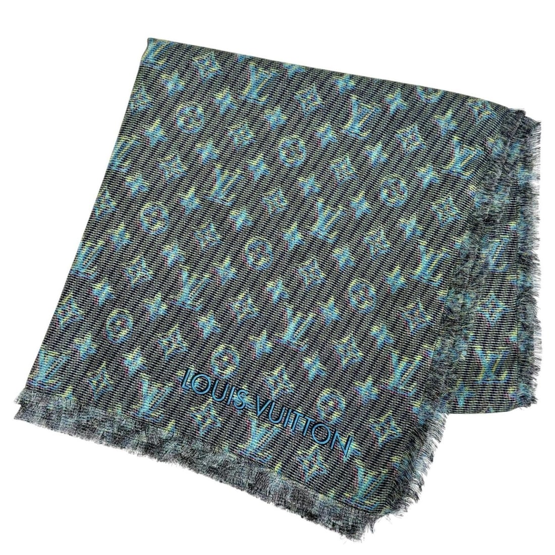 LOUIS VUITTON MP2539 Silk Wool LV Pop Monogram Mini Fringe Large Shawl Stole/Scarf Blue Italian Made: --- Catalog ---Category: SizeSize (LxW): 1.38m x 1.36m / 54.33'' x 53.54''Category: DesignType: ShawlColor: BlueGender: WomenMaterial: Silk , Wool Category: GeneralMPN: MP2539Brand: Louis VuittonCount