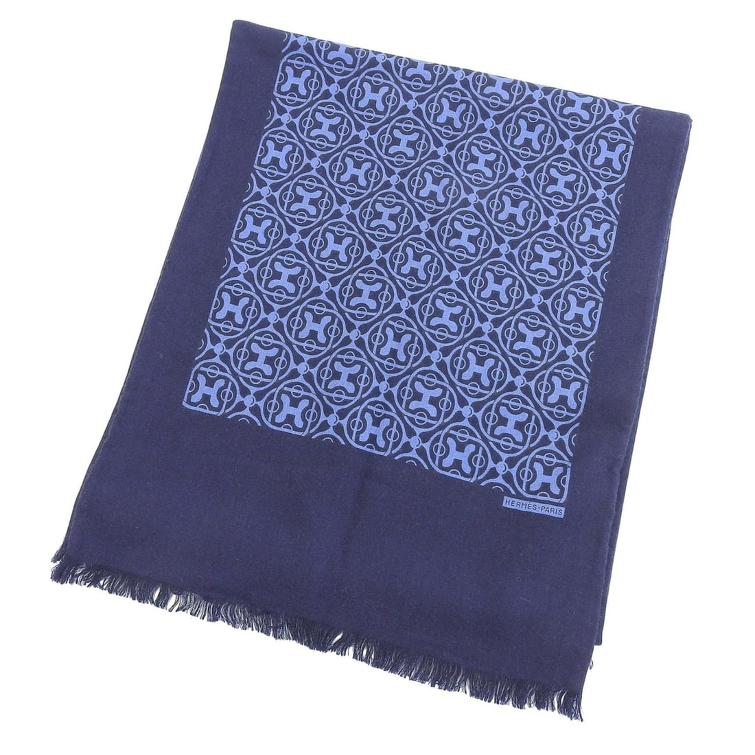 HERMES Cashmere Silk H-Pattern Fringed Shawl Stole Scarf - Navy Blue Made in France Men's: --- Catalog ---Category: SizeSize (LxW): 1.8m x 38cm / 70.86'' x 14.96''Category: DesignType: ShawlColor: Blue, NavyGender: MenMaterial: Cashmere , Silk Category: GeneralBrand: HermesCountry of Origin