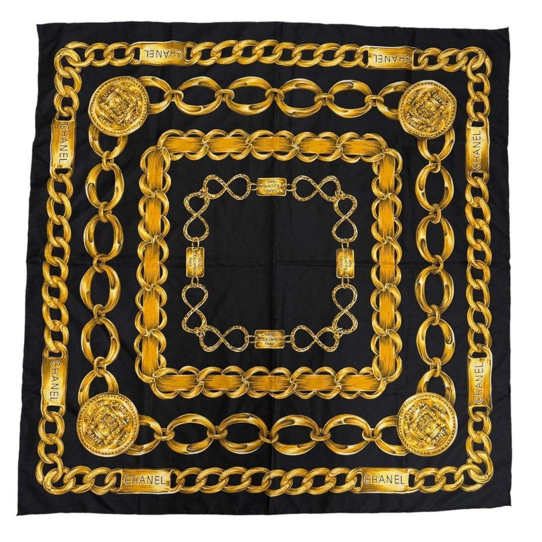 CHANEL Vintage 100% Silk Logo Design Chain Belt Pattern Large Scarf/Muffler Black Gold Women's: --- Catalog ---Category: SizeSize (LxW): 87cm x 87cm / 34.25'' x 34.25''Category: DesignType: ScarfColor: Black, GoldGender: WomenMaterial: Silk Category: GeneralBrand: Chanel--- Item List