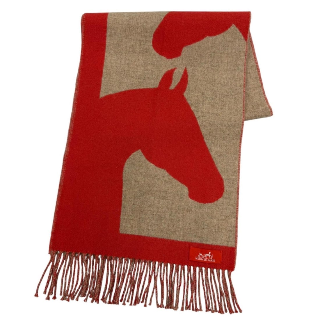 HERMES Love Story Stole/Scarf, 100% Cashmere, with Fringe, Horse Pattern, Red/Beige, Women's, Box.: --- Catalog ---Category: SizeSize (LxW): 1.4m x 30cm / 55.11'' x 11.81''Category: DesignType: StoleColor: Beige, Red colorGender: WomenMaterial: Cashmere Category: GeneralBrand: Hermes--- Item List --
