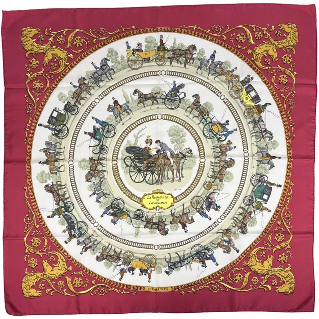 Hermes Carre 90 LA PROMENADE DE LONGCHAMPS Scarf/Muffler, Silk, Bordeaux/Multicolor, Women's.: --- Catalog ---Category: SizeSize (LxW): 89cm x 89cm / 35.03'' x 35.03''Category: DesignType: ScarfColor: Bordeaux, Multi-colorGender: WomenMaterial: Silk 100%Category: GeneralBrand: Hermes--- Item Li