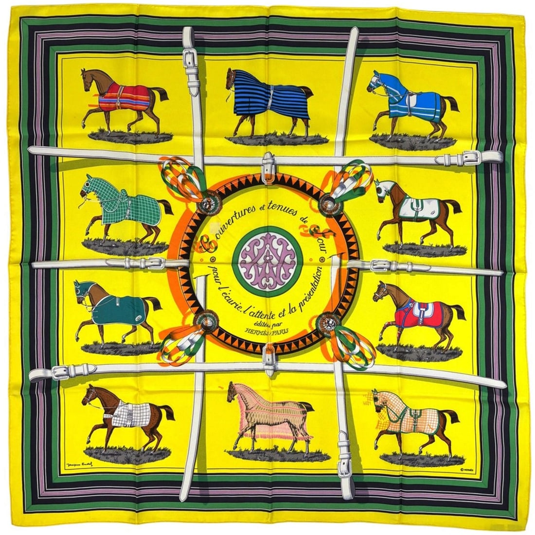 Hermes Carre 90 Couvertures et Tenues de Jour Scarf/Muffler, Horse Blanket Design, Silk, Yellow: --- Catalog ---Category: SizeSize (LxW): 88cm x 89cm / 34.64'' x 35.03''Category: DesignType: ScarfColor: Multi-color, YellowGender: WomenMaterial: Silk 100%Category: GeneralBrand: Hermes--- Item List