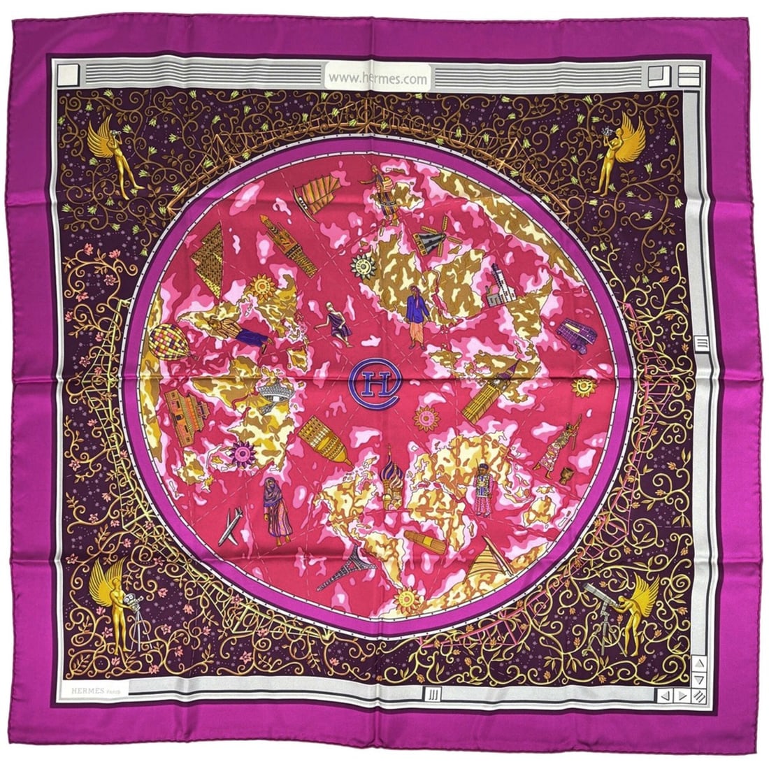 Hermes Carre 90 World Map Scarf/Muffler, Silk, Purple Multicolor, Women's: --- Catalog ---Category: SizeSize (LxW): 88cm x 87cm / 34.64'' x 34.25''Category: DesignType: ScarfColor: Multi-color, PurpleGender: WomenMaterial: Silk Category: GeneralBrand: Hermes--- Item List ---