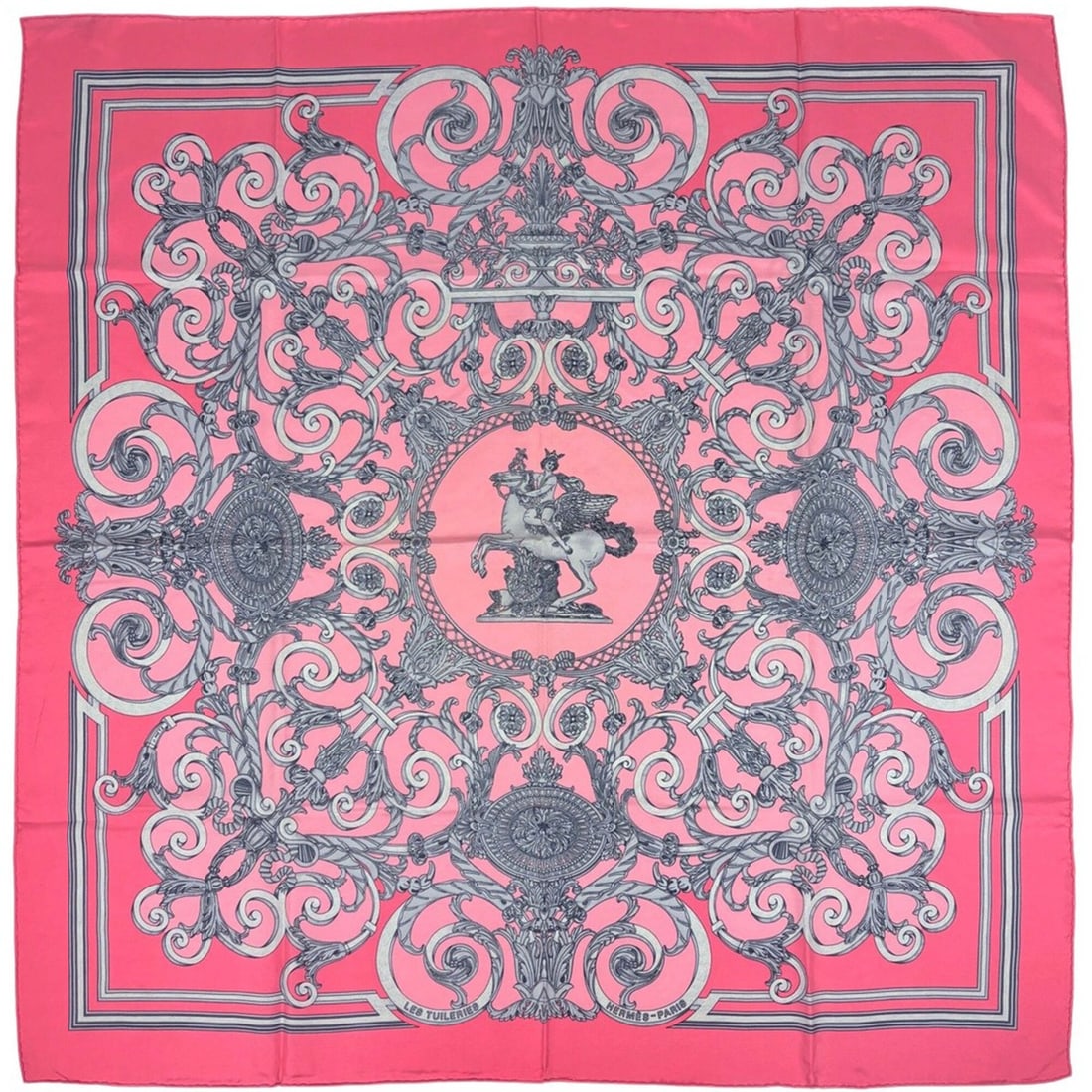 Hermes Carre 90 Les Tuileries Scarf/Muffler, Garden design, Silk, Pink/Gray, Women's: --- Catalog ---Category: SizeSize (LxW): 88cm x 89cm / 34.64'' x 35.03''Category: DesignType: ScarfColor: Gray, PinkGender: WomenMaterial: Silk 100%Category: GeneralBrand: Hermes--- Item List ---Secti