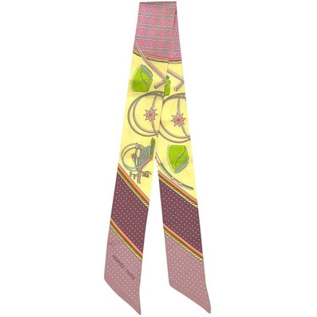 Hermes Ribbon Scarf Muffler Twilly Yellow Pink Foldable Covered Carriage 5x86cm 100% Silk HERMES: --- Catalog ---Category: SizeSize (LxW): 85cm x 5cm / 33.46'' x 1.96''Category: DesignType: ScarfColor: Pink, YellowMaterial: Silk 100%Category: GeneralLine: TwillyBrand: Hermes--- Item List ---Sectio