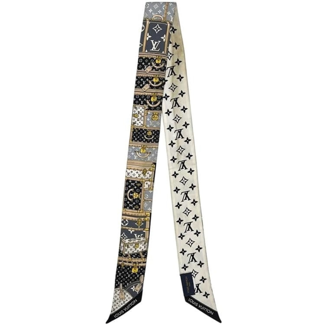 Louis Vuitton Ribbon Scarf Muffler Bandeau BB Let's Go White Black Multicolor Monogram M76442 100%: --- Catalog ---Category: SizeSize (LxW): 1.15m x 5cm / 45.66'' x 1.96''Category: DesignType: ScarfColor: Black, Multi-color, WhiteGender: WomenMaterial: Silk 100%Category: GeneralLine: MonogramBrand: 