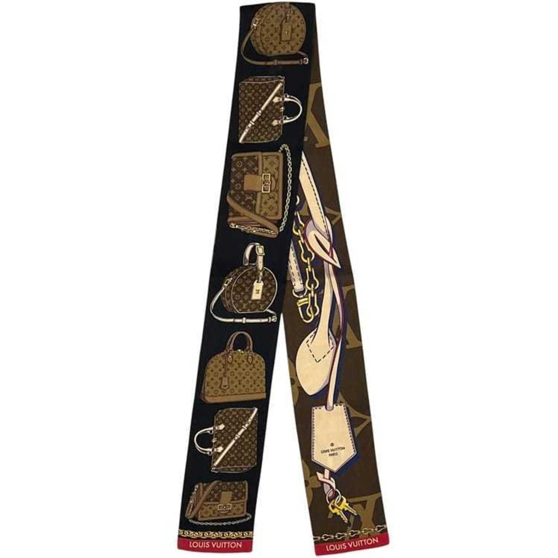 Louis Vuitton Ribbon Scarf Muffler Bandeau Tribute Black Brown Monogram Reverse Silk LOUIS VUITTON: --- Catalog ---Category: SizeSize (LxW): 1.19m x 8cm / 46.85'' x 3.14''Category: DesignType: ScarfColor: Black, BrownGender: WomenMaterial: Silk Category: GeneralLine: MonogramBrand: Louis Vuitton--- 