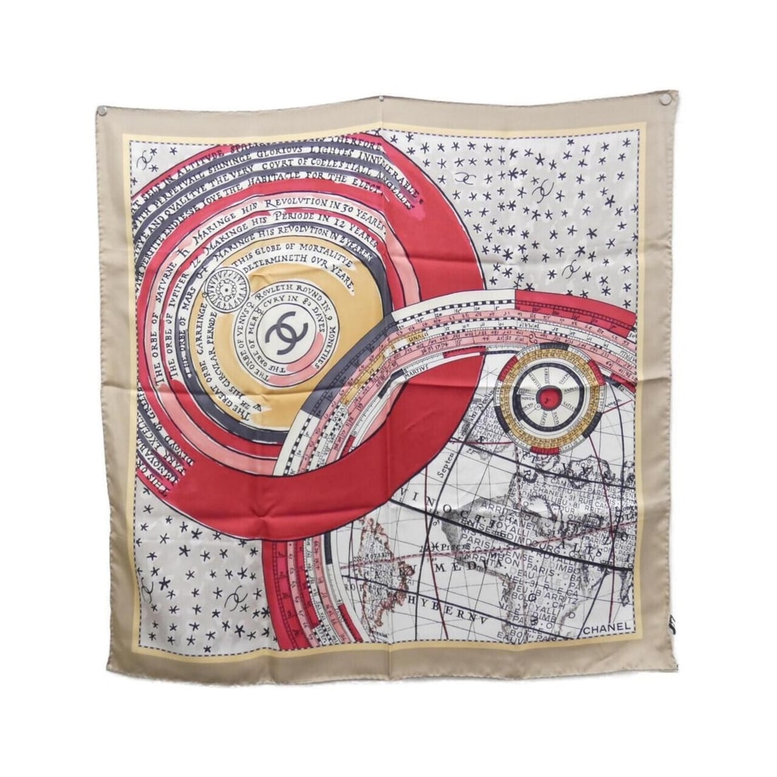 Chanel scarf muffler: --- Catalog ---Category: SizeSize (LxW): 90cm x 90cm / 35.43'' x 35.43''Category: DesignType: ScarfColor: BeigeGender: WomenMaterial: Silk Category: GeneralBrand: Chanel--- Item List ---Section: