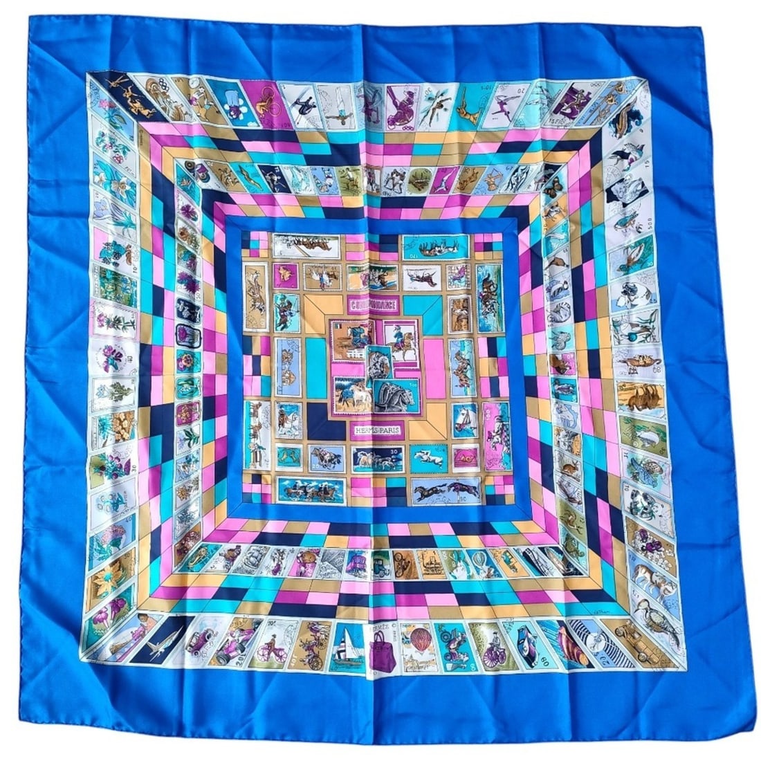 HERMES Carre 90 100% Silk Correspondance Stamp-Shaped Large Bandana Scarf Muffler Blue Women's: --- Catalog ---Category: SizeSize (LxW): 89.5cm x 88.5cm / 35.23'' x 34.84''Category: DesignType: ScarfColor: BlueGender: WomenMaterial: Silk Category: GeneralBrand: Hermes--- Item List ---Section: Co