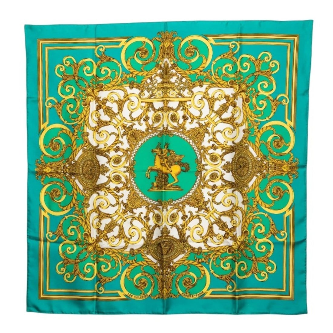 Hermes Carre 90 LES TUILERIES Tuileries Garden Scarf Muffler Green Gold Silk Women's HERMES: --- Catalog ---Category: SizeSize (LxW): 89cm x 87.5cm / 35.03'' x 34.44''Category: DesignType: ScarfColor: Gold, GreenGender: WomenMaterial: Silk Category: GeneralBrand: Hermes--- Item List ---Sectio
