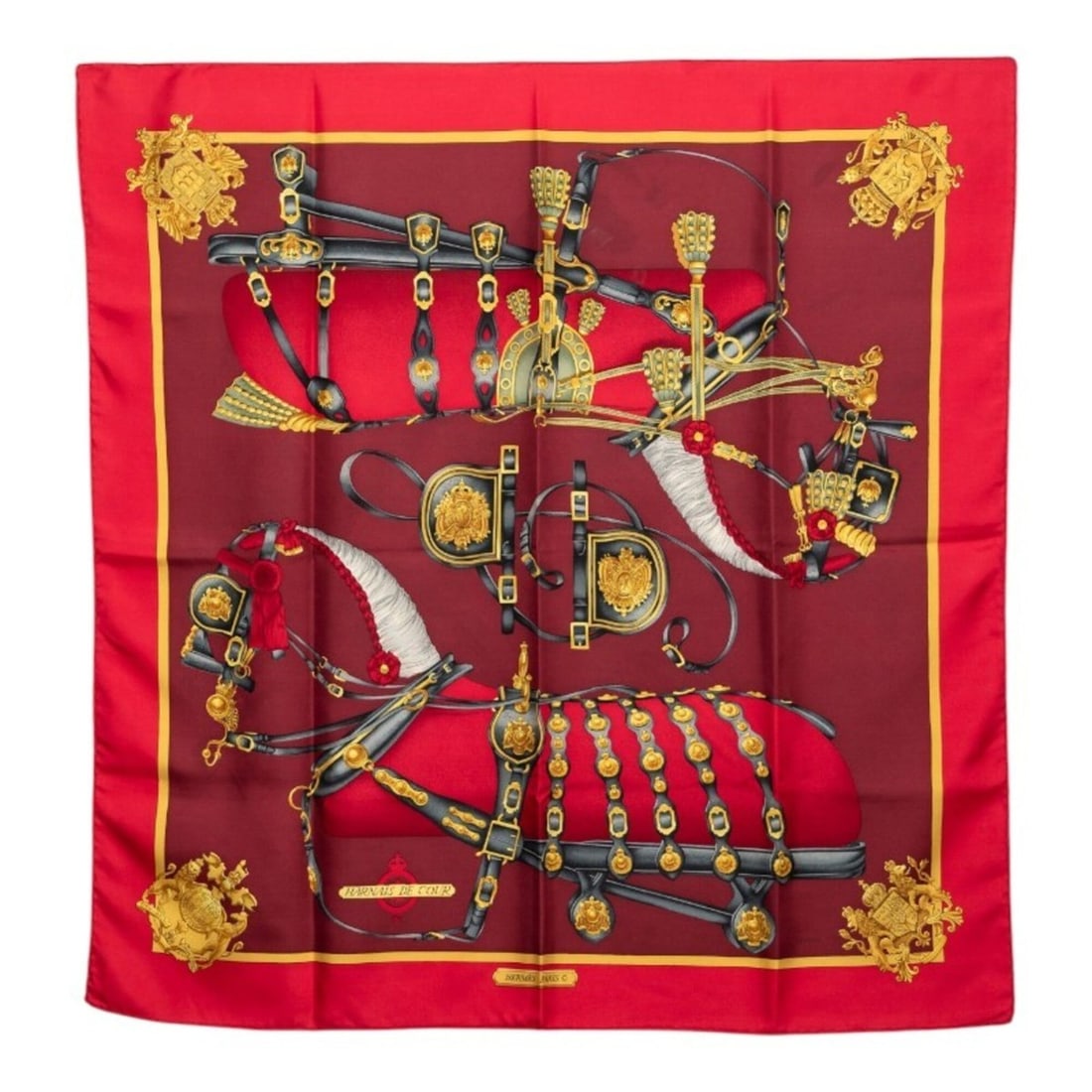 Hermes Carre 90 HARNAIS DE COUR (Courtly Horse Harness) Scarf/Muffler, Red Multicolor Silk, Women's: --- Catalog ---Category: SizeSize (LxW): 89.5cm x 87cm / 35.23'' x 34.25''Category: DesignType: ScarfColor: Multi-color, Red colorGender: WomenMaterial: Silk Category: GeneralBrand: Hermes--- Item Lis