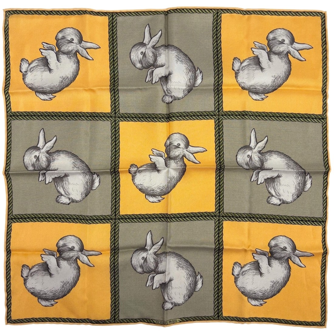 Hermes HERMES Rabbit Pattern Scarf Muffler Petit Carré Silk Yellow Green Women's: --- Catalog ---Category: SizeSize (LxW): 42cm x 42cm / 16.53'' x 16.53''Category: DesignType: ScarfColor: Green, YellowGender: WomenMaterial: Silk 100%Category: GeneralBrand: Hermes--- Item List ---Se