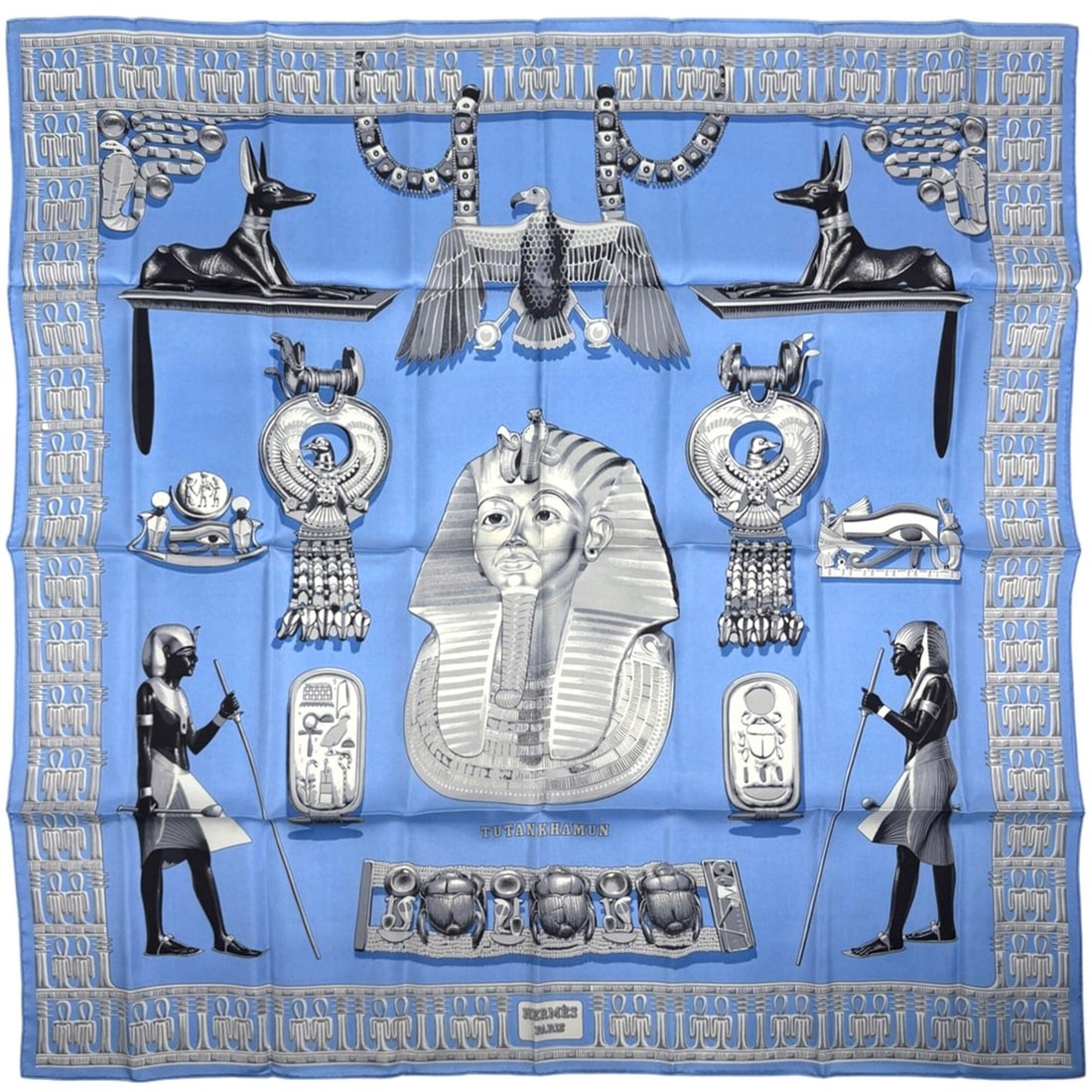 Hermes HERMES Carre 90 TUTANKHAMUN Scarf Muffler Tutankhamun Egypt Silk Light Blue Gray Women's: --- Catalog ---Category: SizeSize (LxW): 89cm x 88cm / 35.03'' x 34.64''Category: DesignType: ScarfColor: Gray, Light blueGender: WomenMaterial: Silk 100%Category: GeneralBrand: Hermes--- Item List --