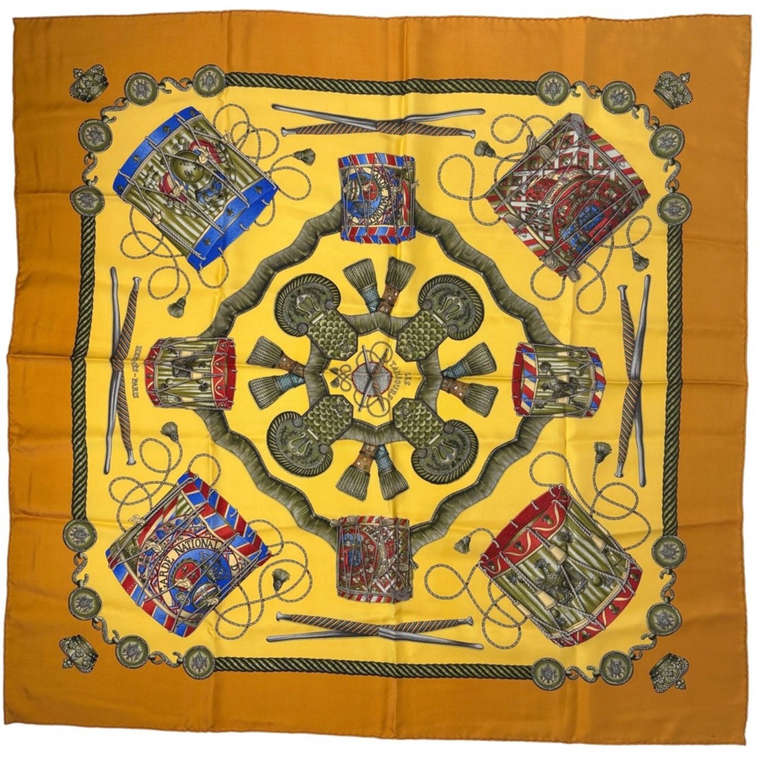 Hermes Carre 90 Les Tambours Scarf/Muffler - Tambour Drum/Crown Design Silk Yellow Multicolor: --- Catalog ---Category: SizeSize (LxW): 88cm x 90cm / 34.64'' x 35.43''Category: DesignType: ScarfColor: Multi-color, YellowGender: WomenMaterial: Silk 100%Category: GeneralBrand: Hermes--- Item List
